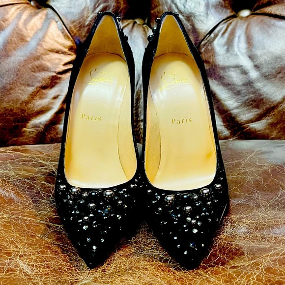 CHRISTIAN Louboutin, Pigalle Follies 100mm. Suede metallic studs & Strass EU38.5 - Picture 2 of 11